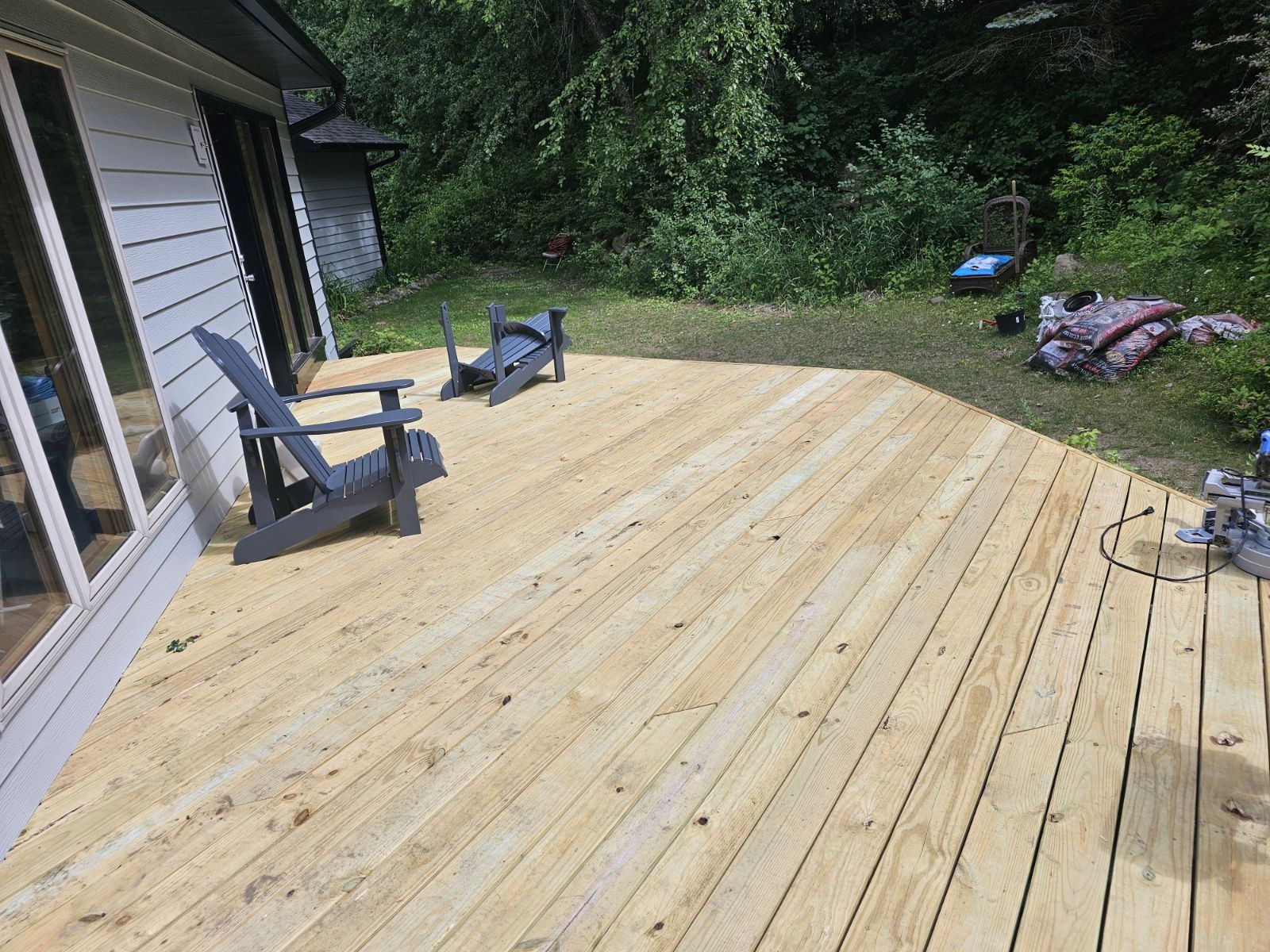 New pressure-treated deck with angled corners